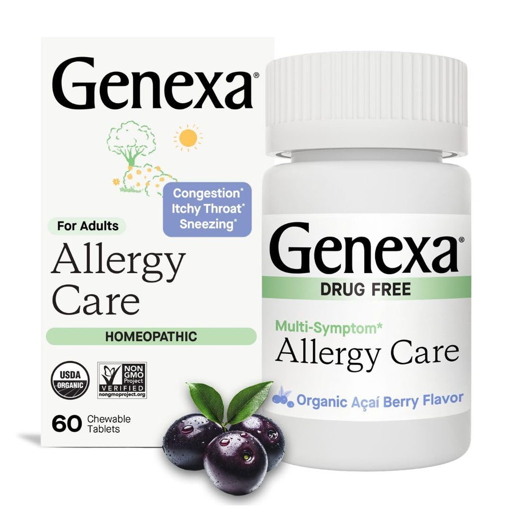 Genexa Alergia Cuidados Livre de Drogas, Não-Drowsy Alergia & Remédio descongestionante para Adultos . Vegan & Não-GMO .Alergia Homeopática Alívio Feito Limpo . Orgânico Acai Berry Flavor .. 60 comprimidos mastigáveis
