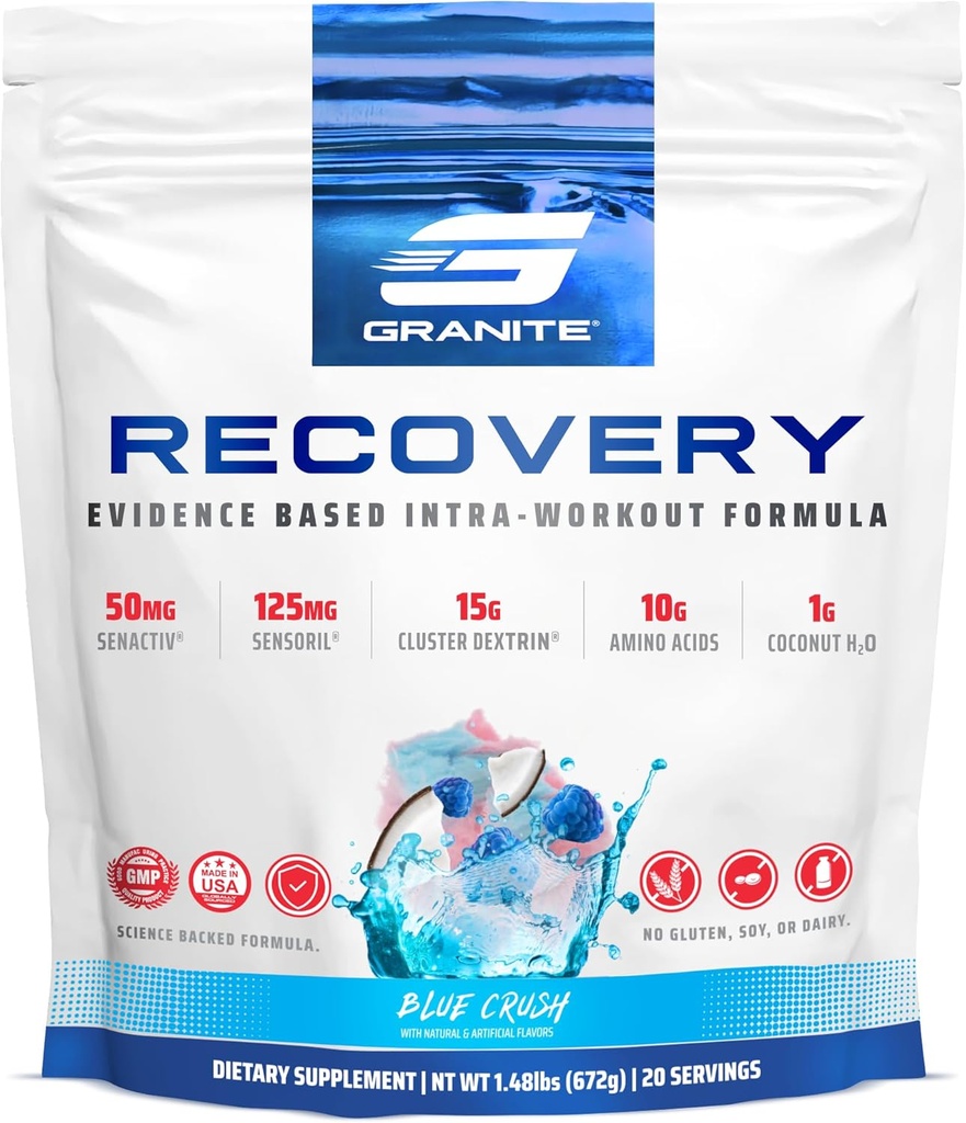 Granito Recuperação Intra e pós-trabalho Suplemento, Blue Crush Flavor, com 10g Aminos, Eletrolíticos, Cluster Dextrin, & Sensoril, Suporta recuperação muscular e crescimento (20 Servões)