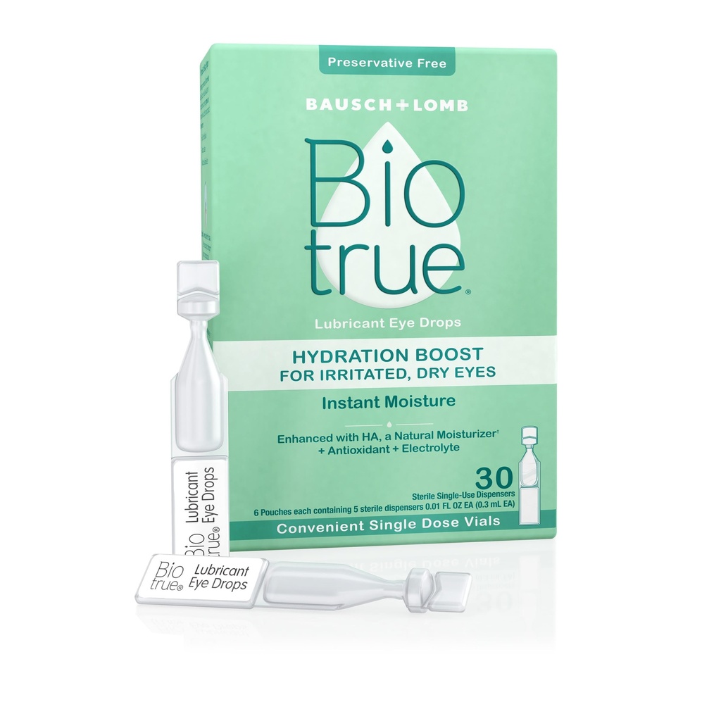 Biotrue Hydration Boost, Preservative-free colírio gotas para olhos secos, Hidrata instantaneamente, Reidrata, Contato Lente amigável, Refresca & Alivia a irritação ocular, 30 frascos de uso único (Pacote de 1)
