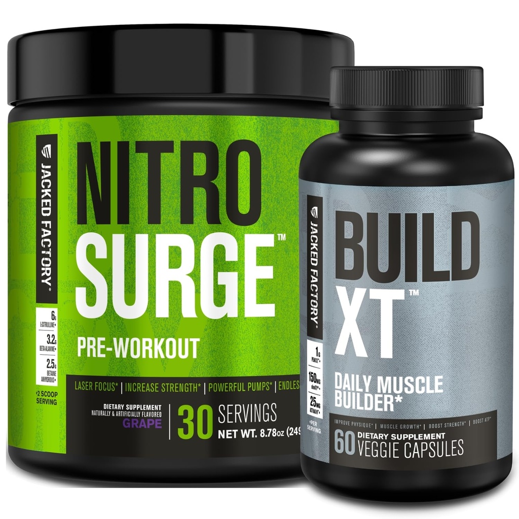 Fábrica Jacked Nitrosurge pré-treino em uva e construir XT muscle building Bundle para homens e mulheres