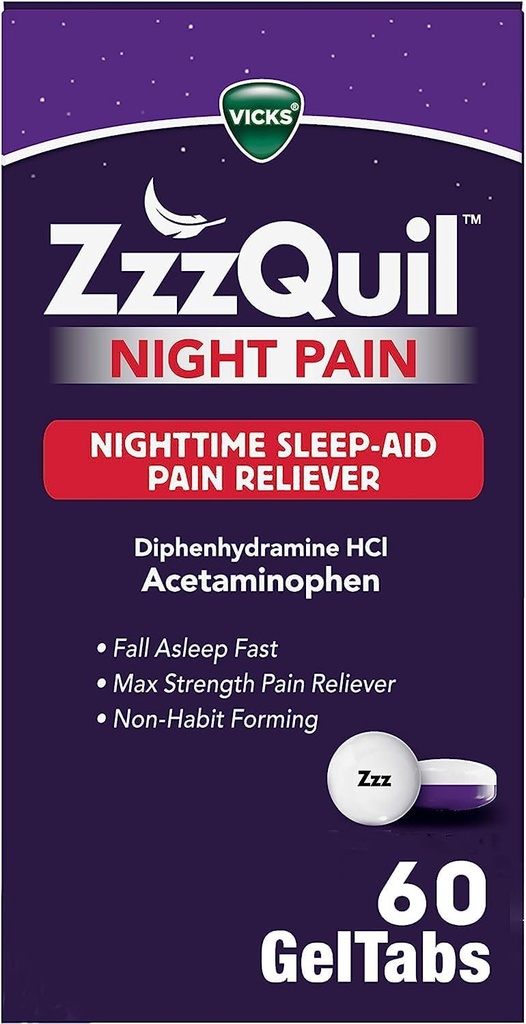 ZzzQuil Night Pain GelTabs, Nighttime Pain Alief, Sleep Aid Tablets, Difenidramina HCl e Acetaminofeno, No.1 Sleep Aid Brand, Max Forte Pain Reliever, 60 GelTabs