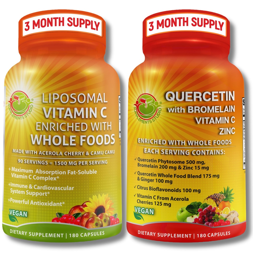 Quercetina com bromelaína, Vitamina C & Zinco + Vitamina lipossomal C 1500mg – Imune Suporte Bundle com Cereja de Acerola Orgânica, Camu Camu & Citrus Bioflavanoides – Vegan, Não-GMO, Suporte de Bem-Estar Limpo