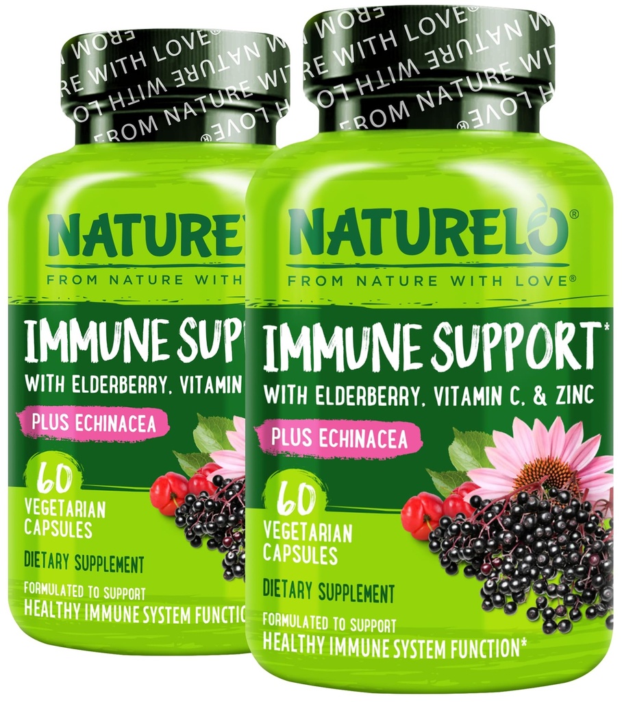 NATURELO Imune Support Vitamina C, Elderberry, Zinco, Echinacea Imunidade Natural Boost w/Antioxidante, Herbal & Defesa Mineral - 60 Cápsulas Vegan (Pacote de 2)