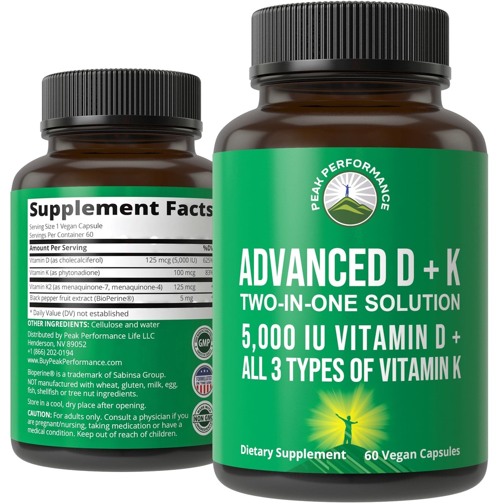Peak Performance Advanced Vitamina D 5000 UI com todos os 3 tipos de vitamina K Vitamina D3 e Vitamina K2, K1, MK-7 (MK7), Suplemento MK4 - 60 comprimidos vegetais pequenos e fáceis de engolir
