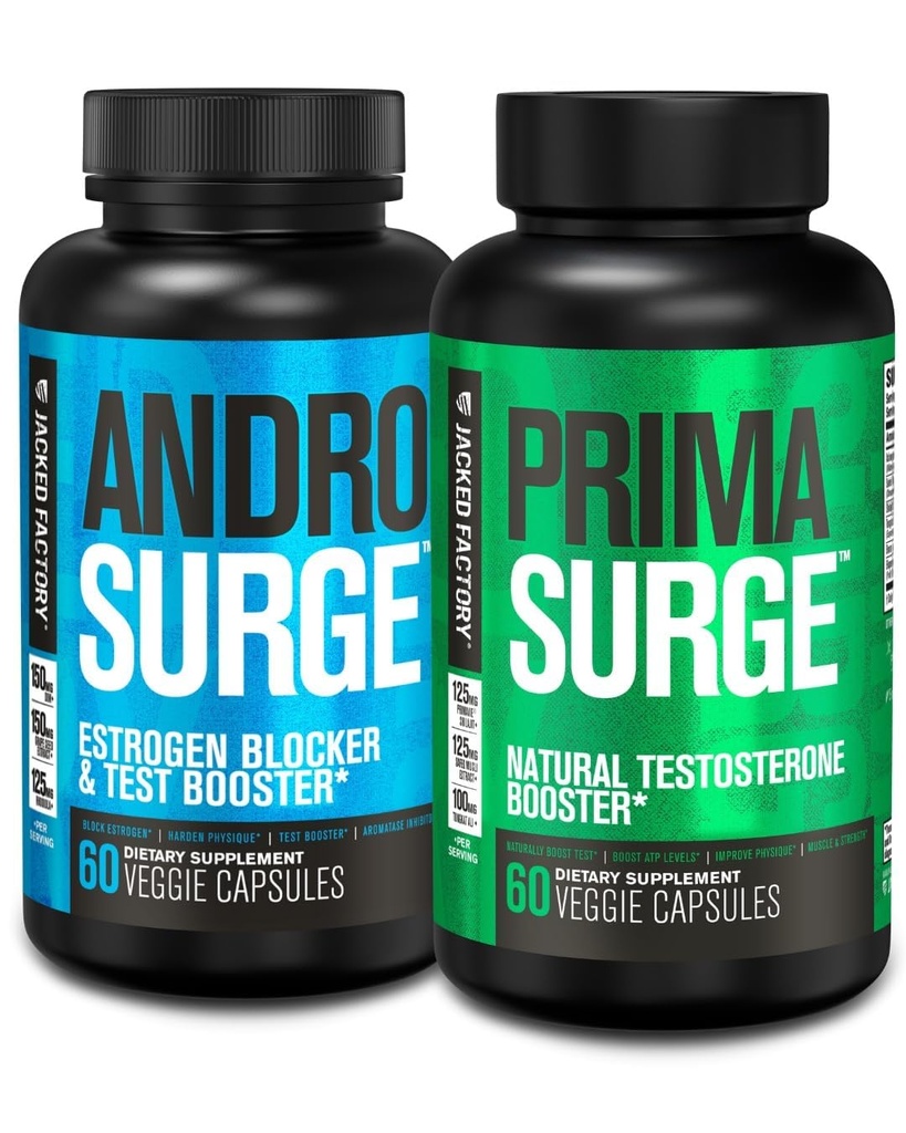 Booster de Testosterona de Fábrica Jacked para Homens Bloqueador de Estrogênio com Tongkat Ali - Androsurge Anti-Estrogen + Primasurge Natural Test Booster - para Crescimento Músculo, Vitalidade, Energia, Fonte de 30 dias
