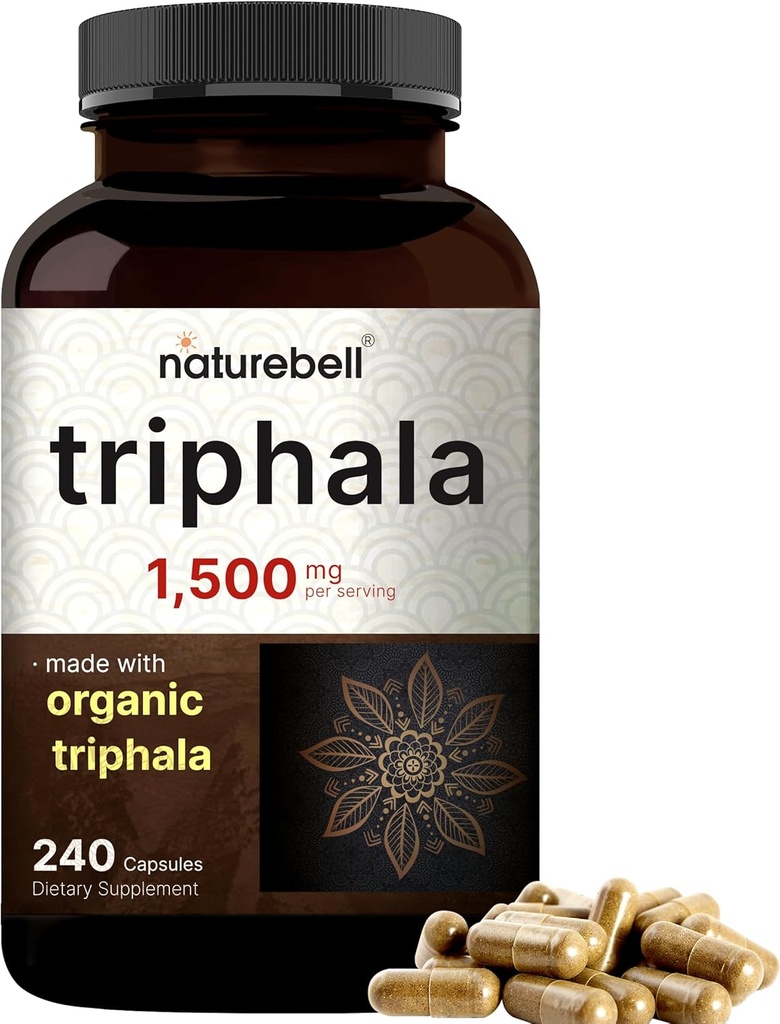 NatureBell Triphala Cápsulas Suplemento, 1.500mg Por Servindo □ Made with Organic Amla, Bibhitaki, Haritaki Fruit Powder – Suporta Saúde Digestiva – Dupla Força, Não-GMO