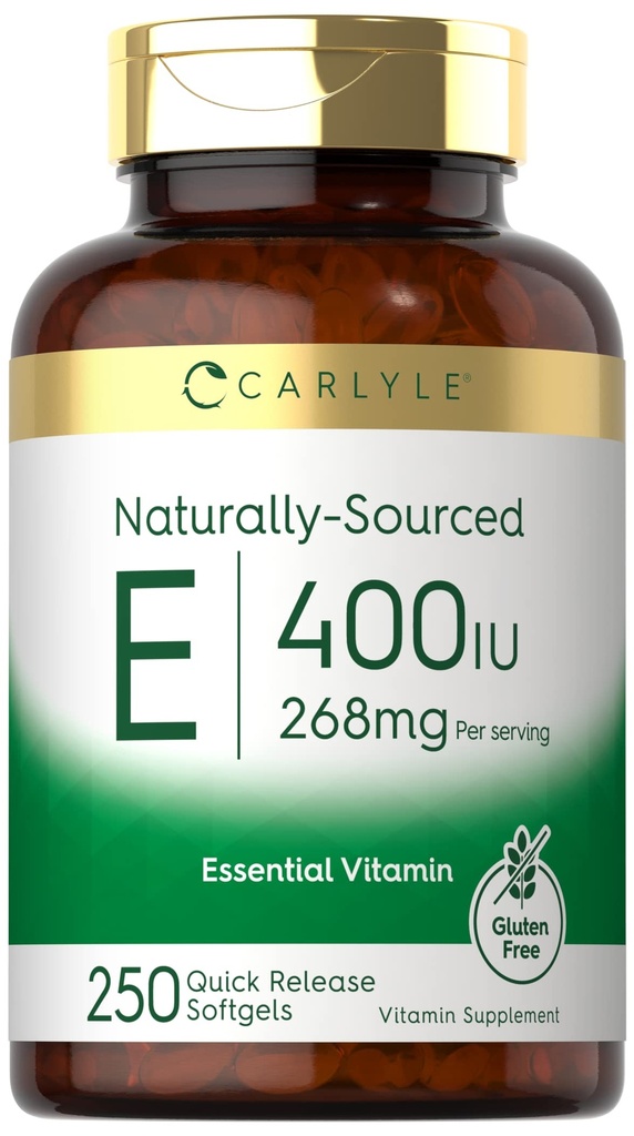 Carlyle Vitamina E 400 UI Softgels Contagem de 250 Naturalmente Fonte de Não-GMO e Glúten Livre