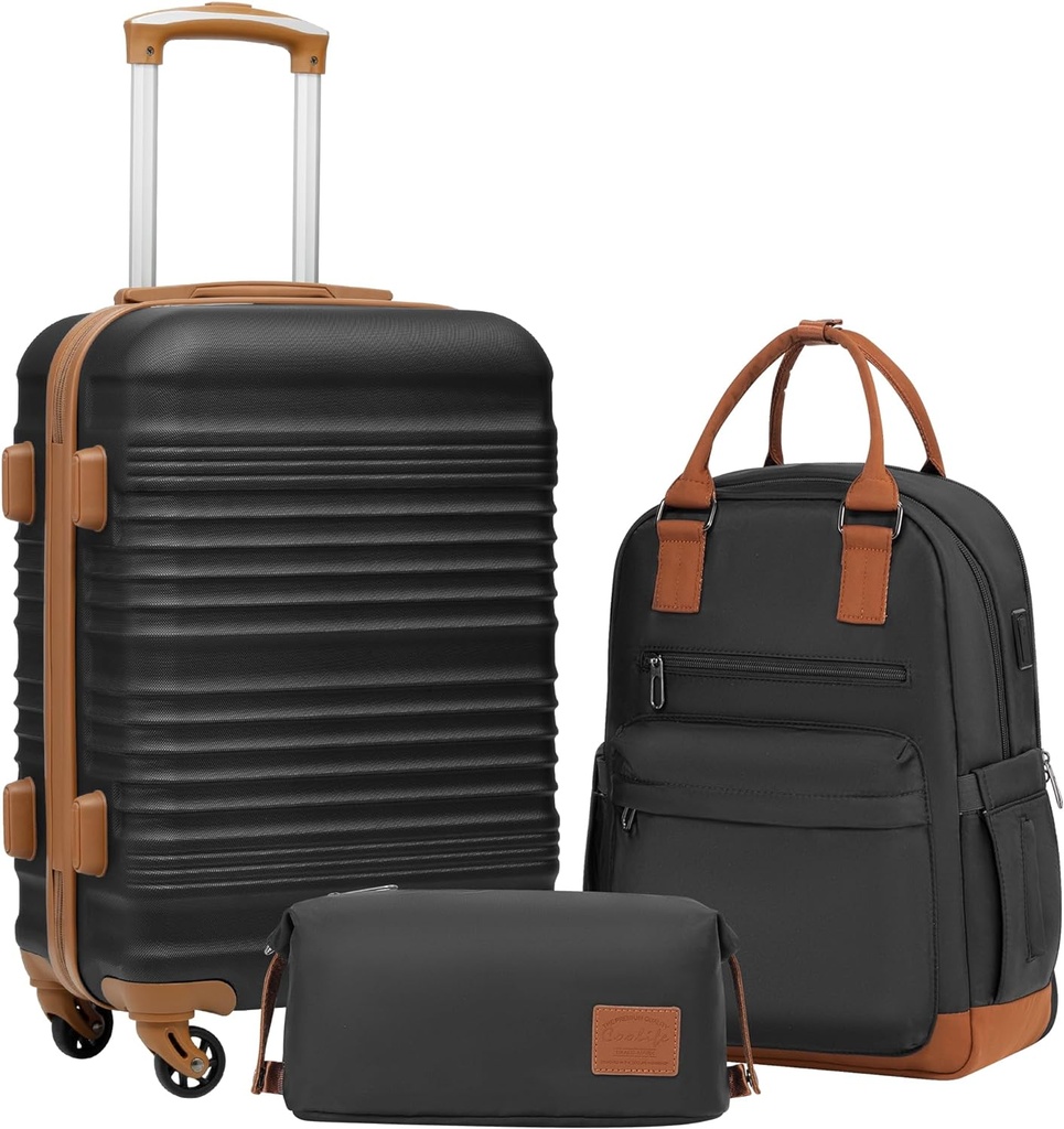 Coolife Bagagem conjunto 3 peças Bagagem conjunto transporte na mala Mala Hardside Bagagem com TSA Lock Spinner Rodas (preto, conjunto de 3 peças (BP/TB/20))