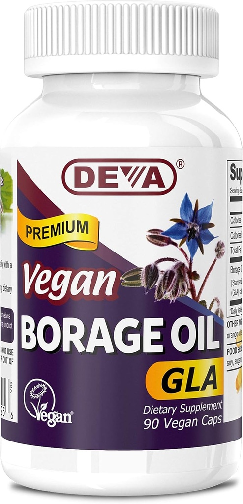 Deva Vegan Vitaminas, Óleo de Borage 500mg, Fonte rica de ácido gordo Ômega-6 GLA (ácido linolênico gama), Pressionado a frio e não refinado, 90 comprimidos, 1-Pack