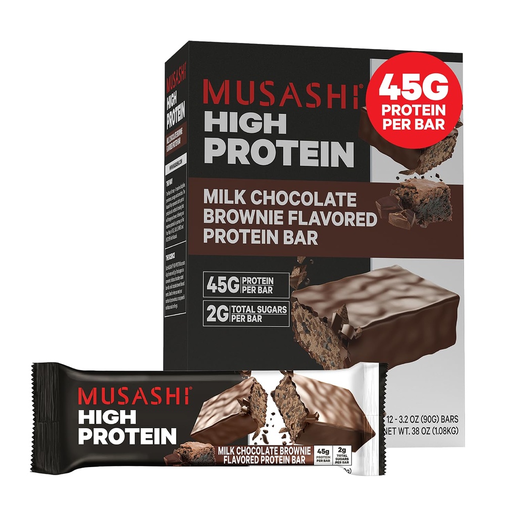 MUSASHI High Protein Bar, 45g Protein, 2g Total Sugars, Leite Chocolate Brownie, Pós-treino e proteína Snack On The Go, 12 Pack de 3,2 oz (90g) Bares