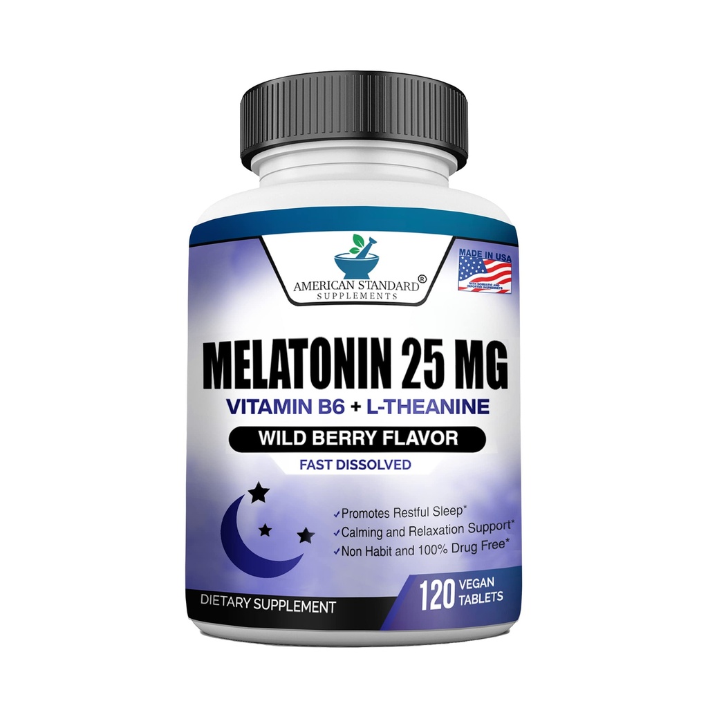 Melatonina 25mg por um comprimido, 120 comprimido mastigável com L-Theanina e vitamina B-6, Suporta o ciclo de sono saudável , Promove o sono calmo e repousante, Vegan, Não OGM, Made In USA