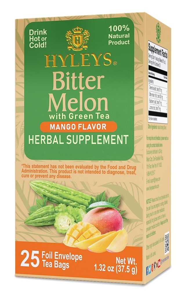 Hyleys Melon amargo com chá verde - Mango Flavor - 25 sacos de chá - Suporta função saudável do fígado - Suplemento de ervas - (6 Pack - 150 sacos de chá Total)