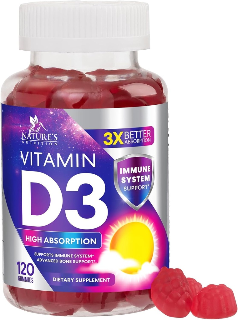 Vitamina D3 Gummy 5000 UI (125 mcg) - Suplemento D de vitaminas dietéticas para mulheres e homens - Osso, dentes, músculo e imunossuporte à saúde, VIT de alta potência D3 Nature's Non-GMO & Gluten Free - 120 chicletes