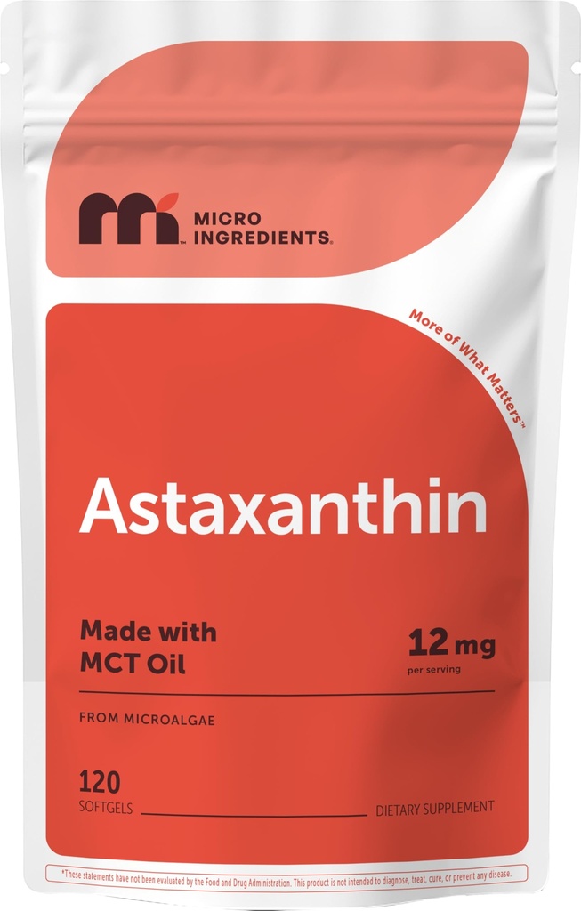 Micro Ingredientes Astaxantina 12mg com MCT Oil, 120 Softgels, 4 Mês de Fornecimento de Suplementos Antioxidantes de Astaxantina Premium* Fonte de Microalgas Frescas