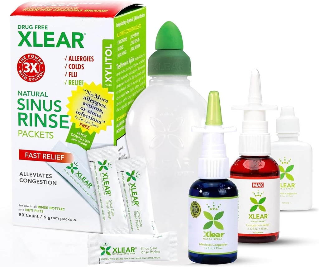 Xlear Kit de alívio de alergia, Kit de resgate de alergia o dia todo, incluindo Xlear Pulverização nasal com Xilitol, Xlear Max Spray nasal, Xlear Nasal Rinse Neti Pot e 50 pacotes de refil