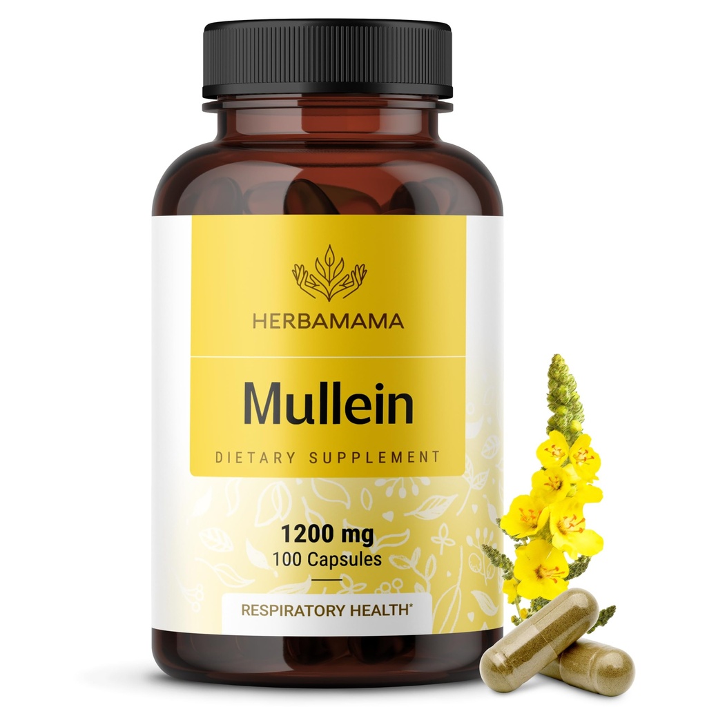 Cápsulas de folha de HERBAMAMA Mullein - 1200mg Extrato de folha de Mullein para suporte de detox pulmonar - Vegan, Suplemento de limpeza respiratória do pulmão não-GMO