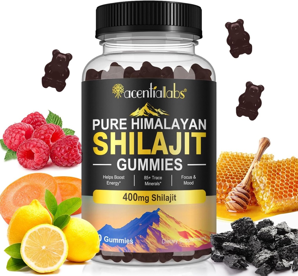 Chicletes Shilajit, Puro Himalaia Chicletes Shilajit com 100% Shilajit, Chicletes Orgânico Shilajit ricos em ácido fulvico 85+ Raso Mineral adequado para homens e mulheres, Não-GMO - 60 Gummy