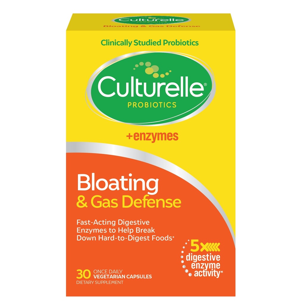 Culturelle Bloating & Defesa de Gás, Enzimas Digestivas e Probióticos para Saúde Digestiva, 30 Cápsulas, Suporta Indigestão Ocasional e Desconforto
