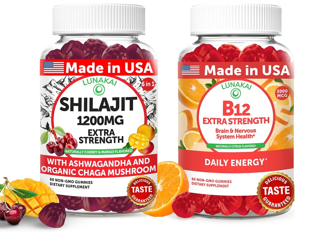 Lunakai EUA fez Shilajit & B12 Gummies de força extra Bundle – Energia, Foco e Bem-Estar Diário – Vegan & Delicious