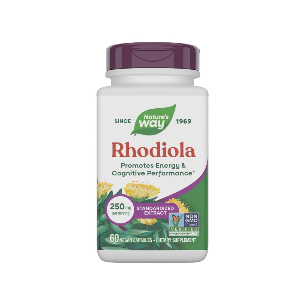 Nature's Way Rhodiola Premium Extract, 250 mg por porção, Suporta Energia e Desempenho Cognitivo*, Herb Adaptogenic*, Projeto não-GMO Verificado, Vegan, Gluten Free, 60 Cápsulas (Pacote Maio Vary)