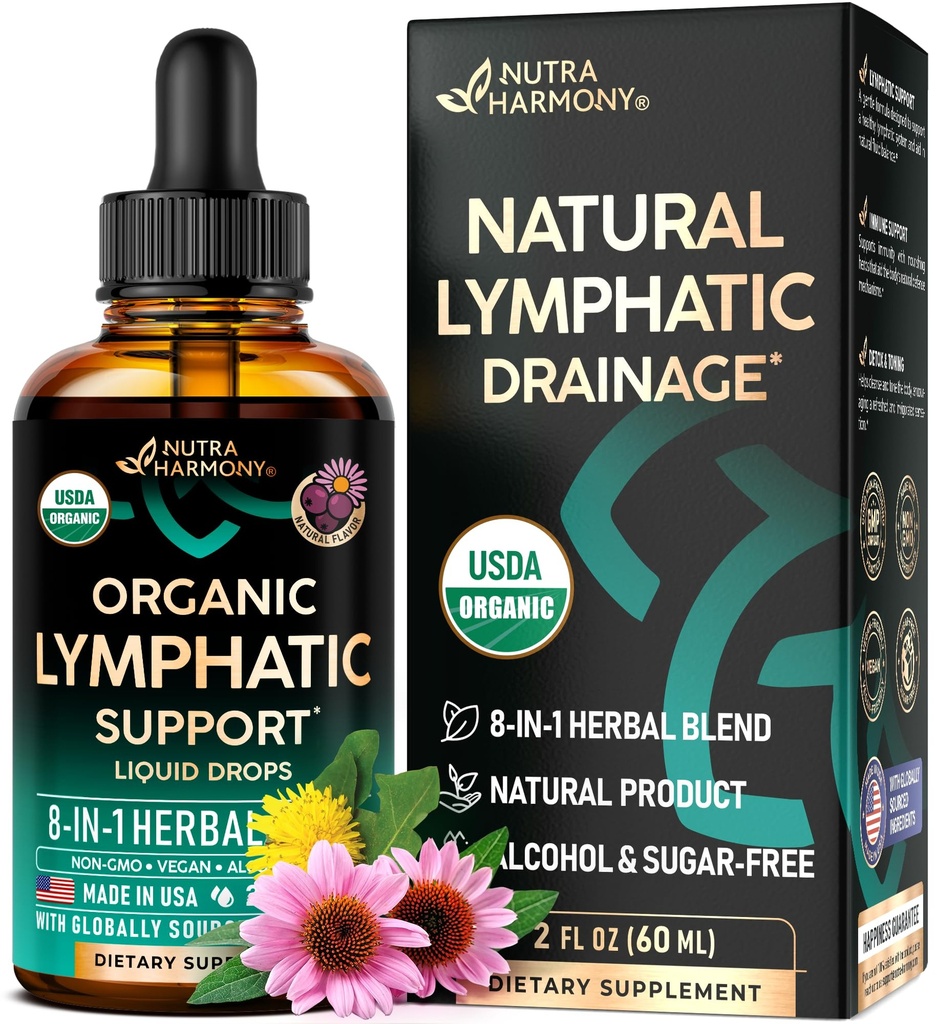 USDA Organic Lymphatic Drainage Supplement - Echinacea - Elderberry - Dandelion - Rosehip - Cleavers - Burdock - Made in USA - Lymph System Drops - Immune Support, Cleanse & Detox, 2 fl oz