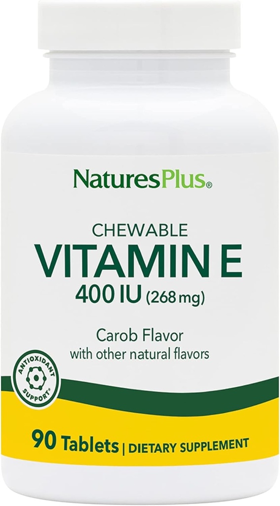 NaturesPlus Vitamina E Chewable - 400 iu, 90 comprimidos vegetarianos - Sabor de alfarroba natural - Função cardiovascular saudável, defesa livre-radical e bem-estar geral - sem glúten - 90 serviços