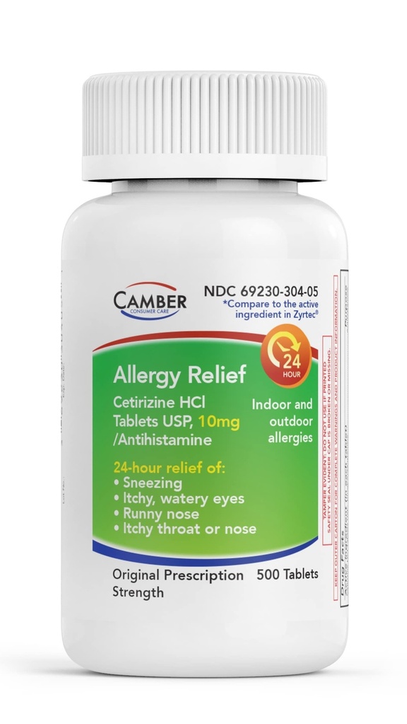 CAMBER FARMACÊUTICAS, INC Cetirizine HCI 10mg Comprimidos, Alergia de 24 horas, Medicação de Alergia - 500