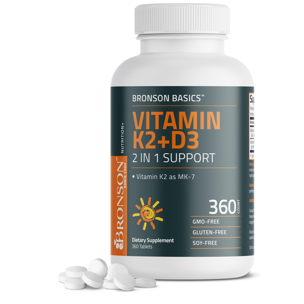 Bronson Vitamina K2 D3 (MK7) Suplemento não-GMO Fórmula Vitamina D3 5000UI (125 mcg) & 90 mcg K2 MK-7, Complexo D & K fácil de engolir, 360 comprimidos