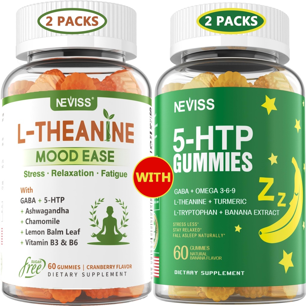 NEVISS Sugar Free L-Theanina calma chicletes 120 Condes + Açúcar livre 5-HTP chicletes 120 Condes