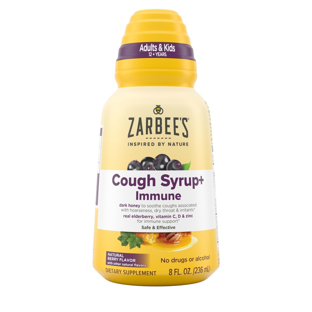 Naturals de Zarbee Complete Daytime Tosse Syrup + Imune com mel escuro, real Elderberry, Vitamina C, D & Zinc, 8 oz garrafa