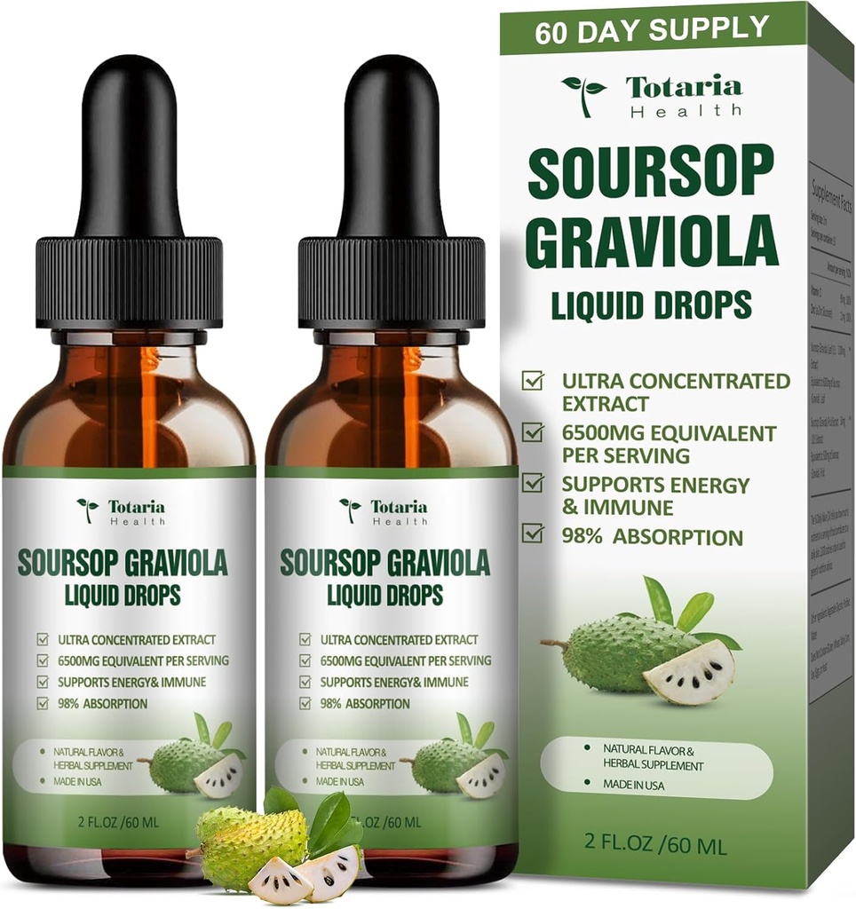 (2 Embalagens) Puro Soursop Graviola líquido gota apoio Digestive Skin Health, Dormir & Antioxidante - Óleo de Guanabana Folha Orgânica Exact Soursop Bitters líquido gotas, Sabor natural, Não-GMO, Vegan, 4 Fl Oz