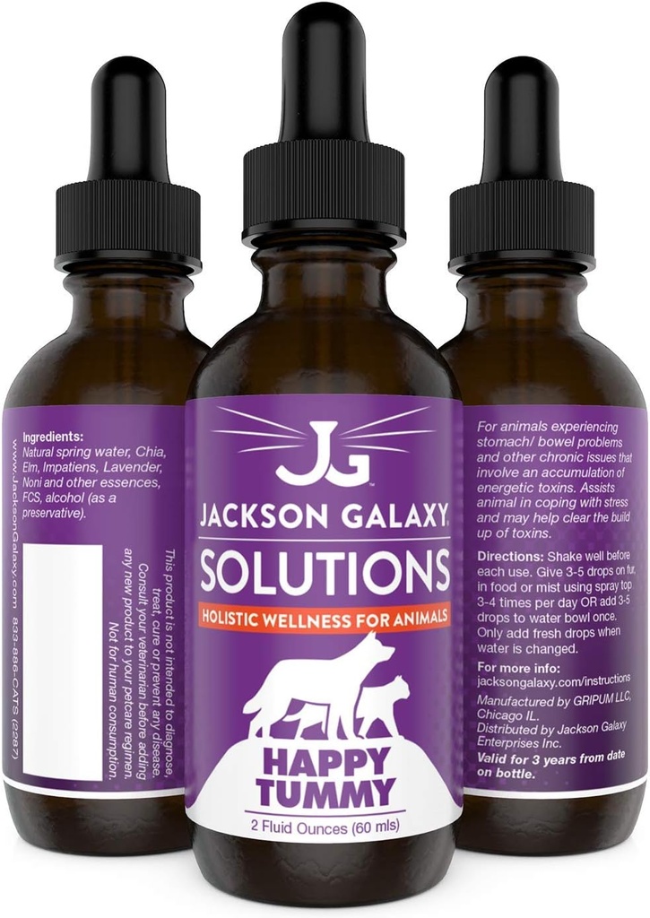 Jackson Galaxy: barriga feliz (2 oz.) - Solução animal de estimação - Ajuda com o estresse e as toxinas de descarga - Pode ajudar com problemas de estômago (IBD, constipação, etc.) - Fórmula All-Natural - Reiki Energy