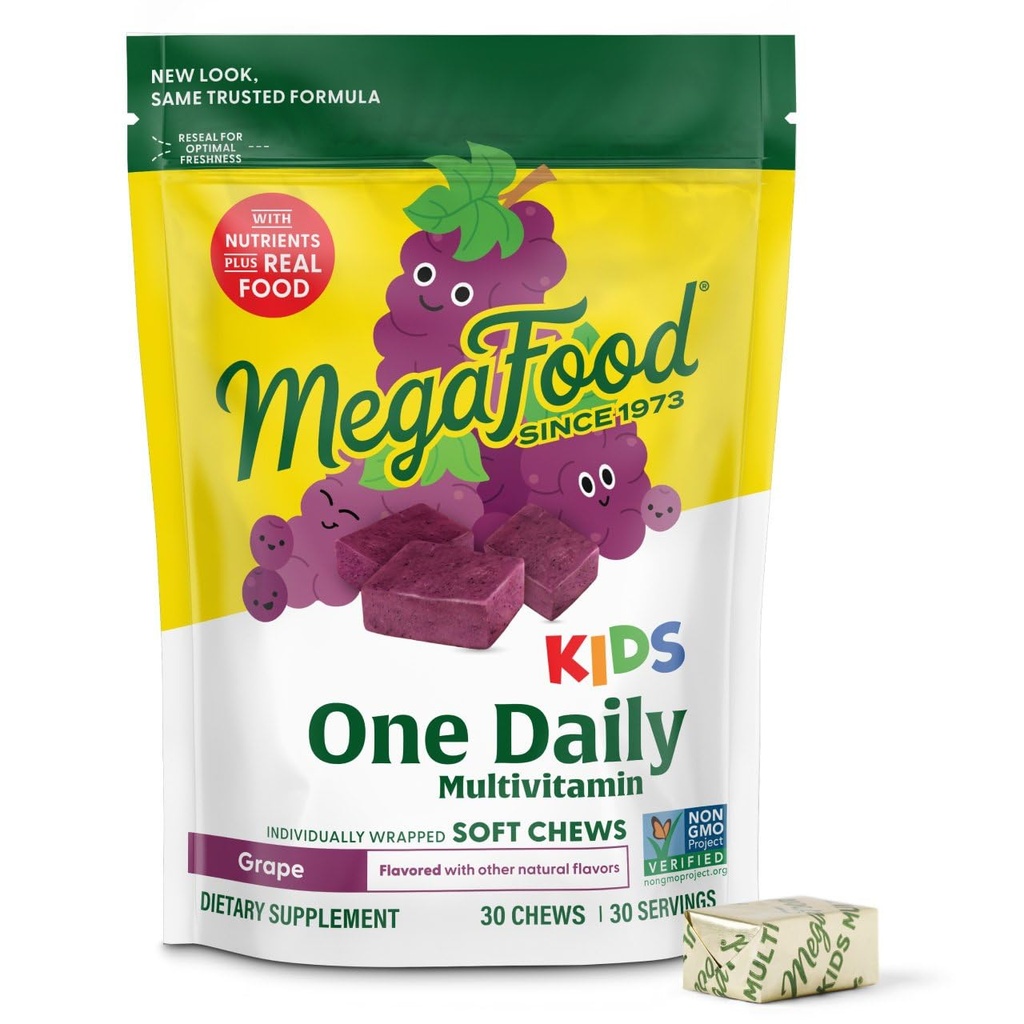 MegaFood Kids One Daily Multivitamin Soft Chews - Kids Vitaminas com Vitamina B, Vitamina C, Vitamina D & Vitamina E - Idade 4+, Vegetarian, Made Without 9 Food Allergens - Sabor de uva - 30 Chews