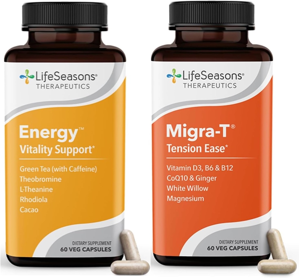 Migra-T com cafeína - Migraine Prevention & Relief Supplement - Suporte para dores de cabeça graves - Reduz o som leve e sensibilidade ao Odor - 120 Cápsulas