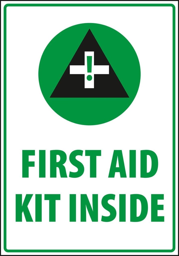 Sinal de segurança, Aviso - Kit de primeiros socorros dentro, Tamanho 7 x 10 polegadas, Vinil branco