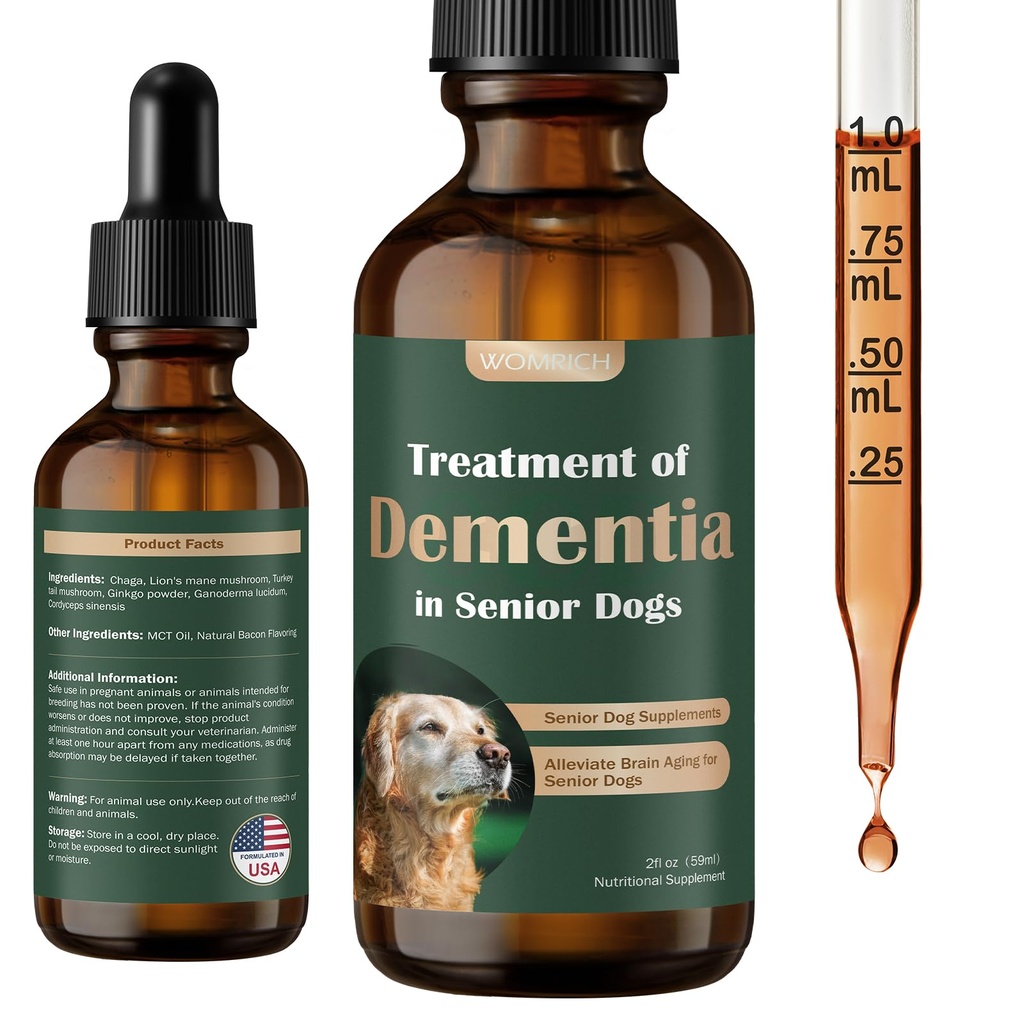 Suplementos Cães Seniores para Saúde do Cérebro e Sistema Nervoso Suporte, Suplemento de Cogumelo para Cães, Demência Suplemento para Calmar e Relaxar, Endereços Se perdendo, Retirada Social - 59 ML