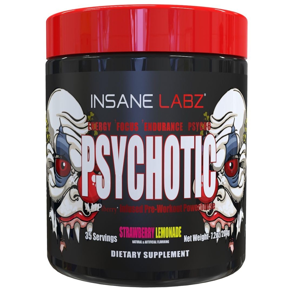 Insano Labz Psicótico, Alto Estimulante Pré Treino Pó, Energia Extrema Durante, Foco e Endurance com Beta Alanine, Creatina Monohidrato, DMAE, 35 Srvgs (Strawberry Limonada)