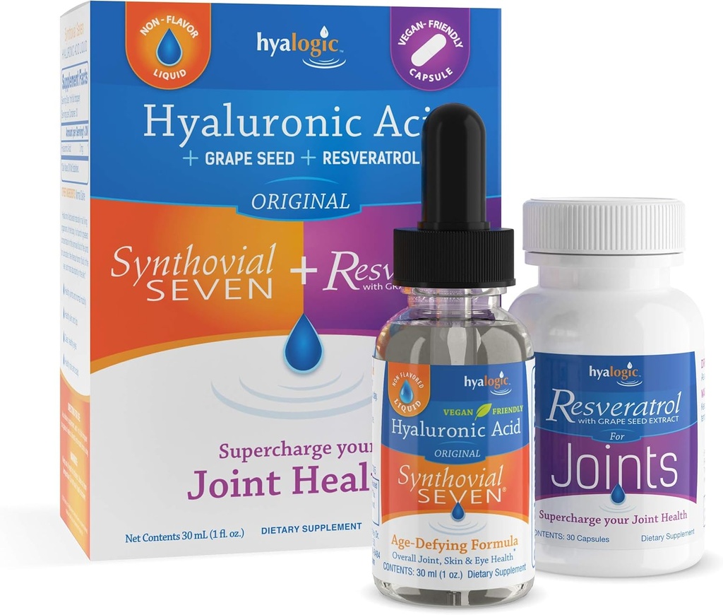 Cápsulas Hyalogic Synthovial Sete Ácido Hialurônico Líquido & Resveratrol - Suporte HA - Vegan - 1 oz