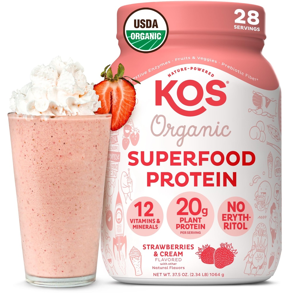 KOS Vegan Protein Powder, Morangos & Creme USDA Organic - Low Carb Pea Protein Blend, Superalimentos à base de plantas com vitaminas e minerais, sem glúten - substituição de refeições para mulheres e homens - 28 Servings