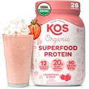 KOS Vegan Protein Powder, Morangos & Creme USDA Organic - Low Carb Pea Protein Blend, Superalimentos à base de plantas com vitaminas e minerais, sem glúten - substituição de refeições para mulheres e homens - 28 Servings