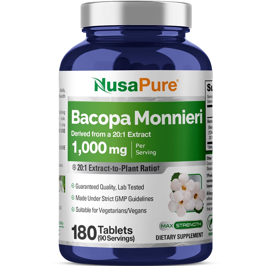 NusaPure Bacopa Leaf Monnieri Extract 20.000 mg 180 Comprimidos (Extrato 20:1, Não-GMO, Sem glúten)