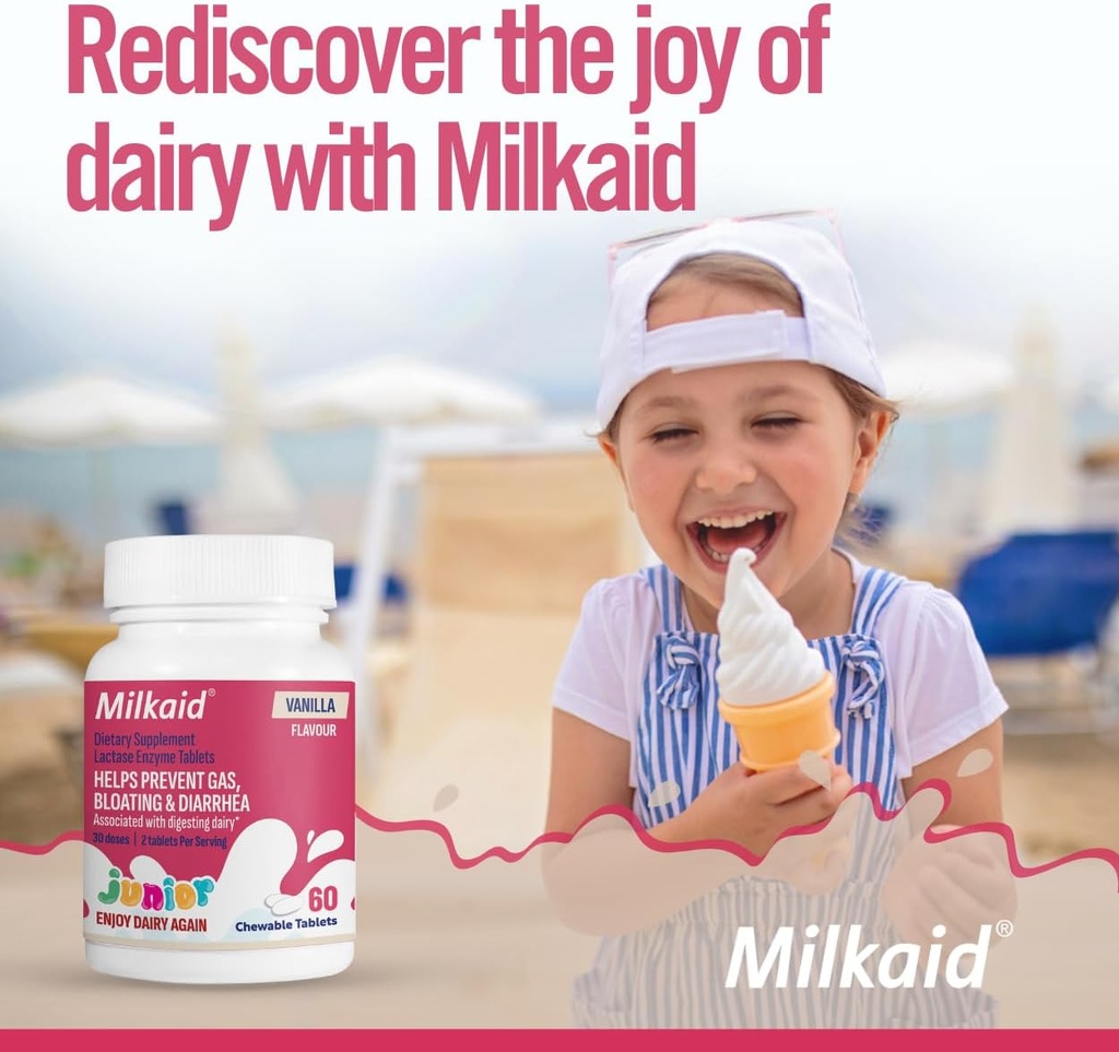 Milkaid Junior Flavor Pack ajuda a prevenir o gás, o inchaço, diarréia em crianças