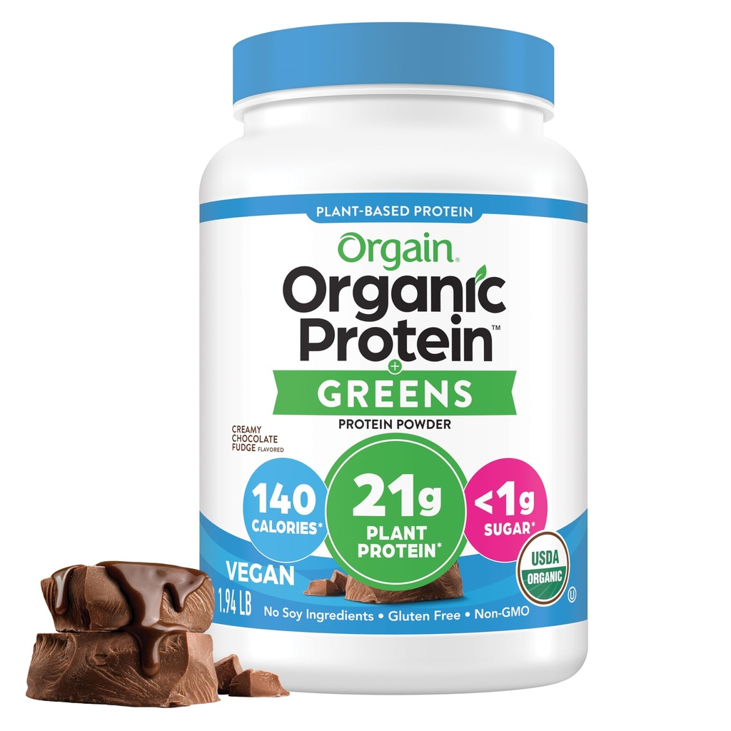 Orgain Orgânico Vegan Protein Powder + Verdes, Chocolate cremoso Fudge - 21g Proteína Baseada em Planta, Sem Glúten, Leite & Lactose Livre, Soja Livre, Sem Açúcar Adicionado, Ferro & Prebióticos para Gut Saúde - 1,94lb