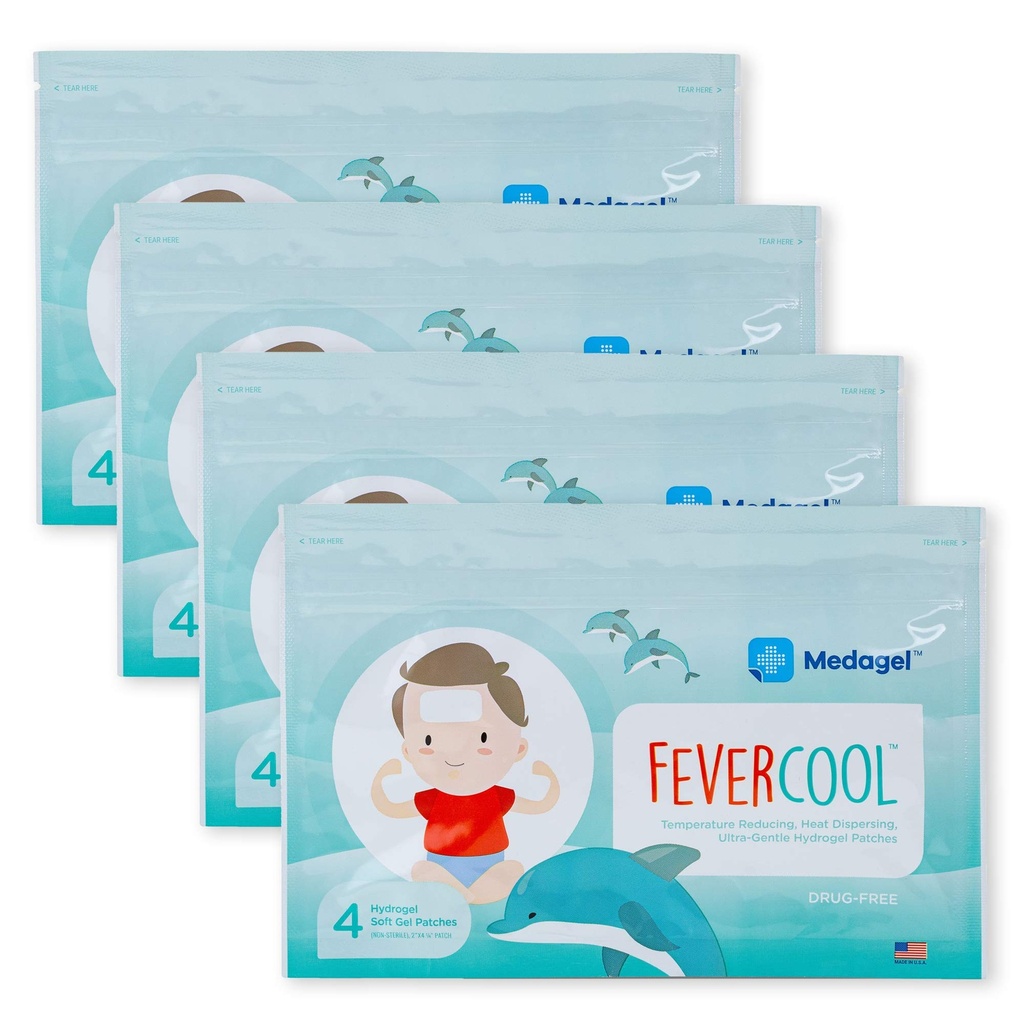 FeverCool Patches - Refriing Patches para Febre, Enxaqueca e alívio da dor de cabeça □ Made in the USA □ Temperatura fresca □ Mess & Odor Free □ Adultos & Crianças 2+ □ 4 Pacotes (16 x Patches)