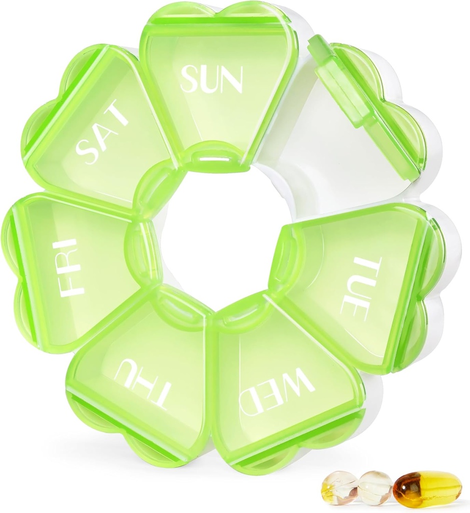 MOLN HYMY Grande caixa de pílulas semanal 7 dias, bonito organizador de caso de pílulas 1 vez por dia, container de pílulas florais uma vez por dia, muito medicamento dispensador para vitamina / óleo de peixe / medicamentos / suplementos (verde)