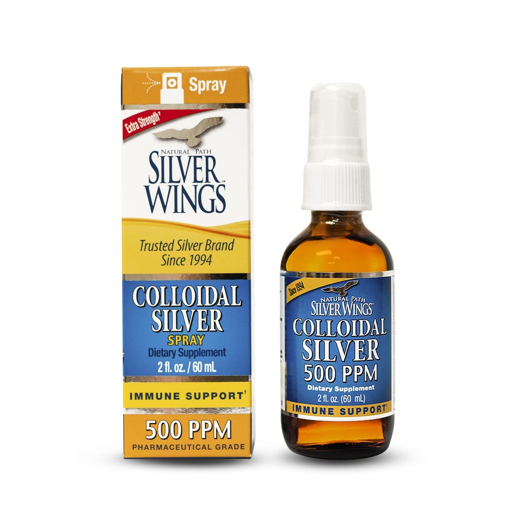 Rota Natural Asas de Prata Prata Colóide Prata - Suplemento de suporte Imune Líquido de força extra - 500ppm (2500mcg) - Spray de 2 onças