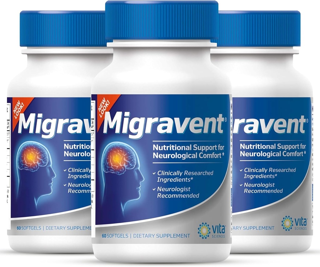 Migravent Vita Sciences – Fórmula Nutricional Avançada com Magnésio, CoQ10, Vitamina B2 e Butterbur Livre de PA para Apoio Neurológico e Vascular – 60 Cápsulas (Pacote de 3)