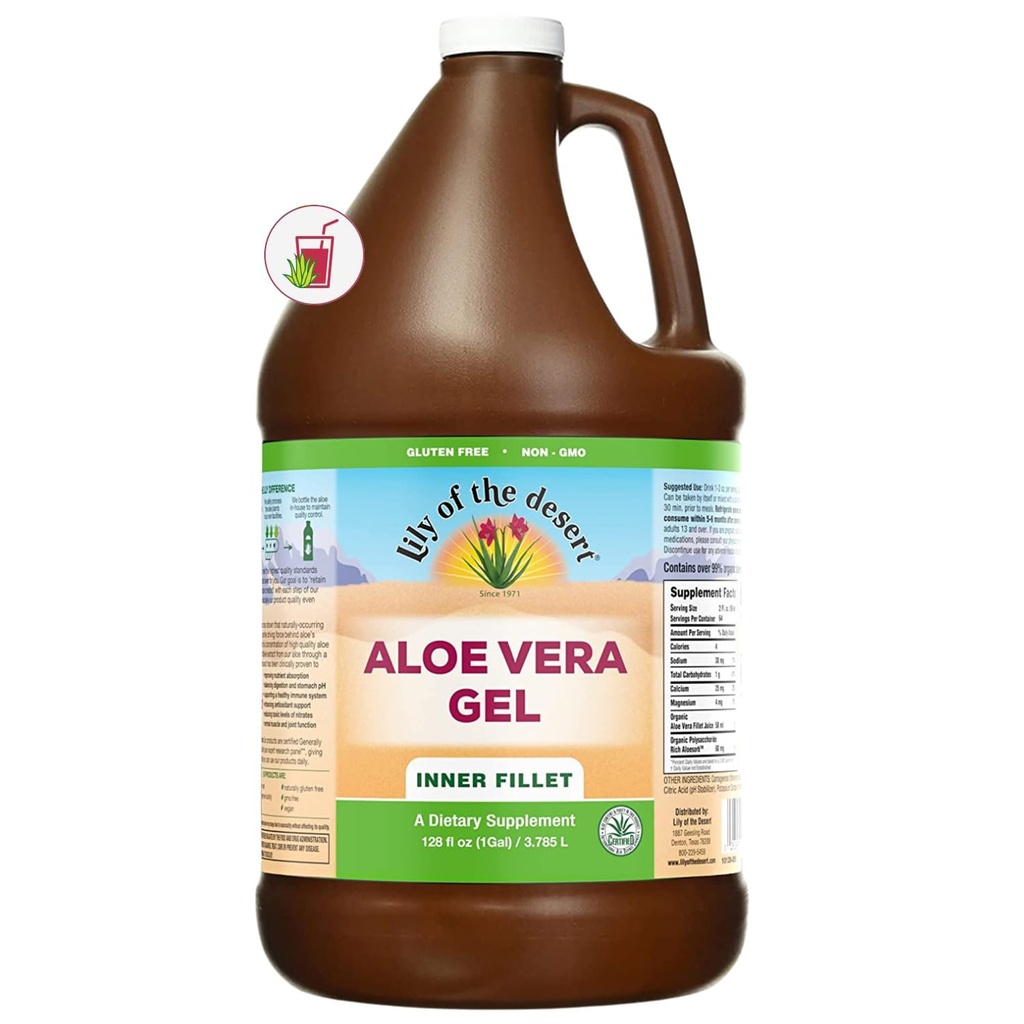 Lily of The Desert Aloe Vera Gel - Filé interno Consistência mais espessa Aloe Vera Bebida com vitaminas naturais, Enzimas Digestivas para a saúde do intestino, alívio estomacal, Bem-estar, Pele brilhante, 128 Fl Oz