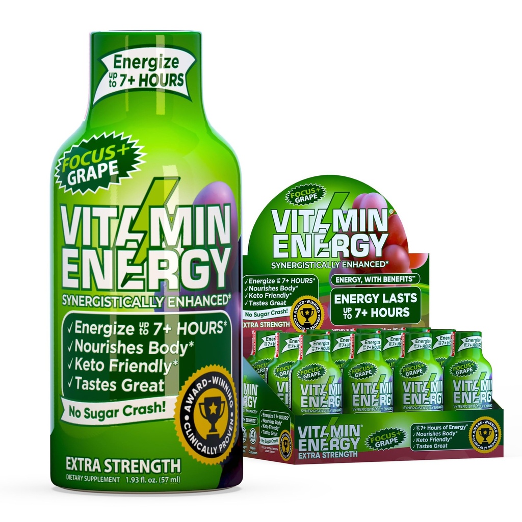 Vitamina Energy Focus+ Energia de força extra Shot Uva 12 Pack, 260mg Cafeína Natural, B-Vitaminas, CoQ10, Aminoácidos, Foco, Produtividade e clareza, Açúcar Zero, Gluten-Free, 1,93 fl oz