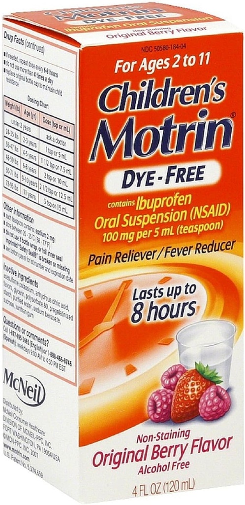 Motrin Children's Dye-Free Pain Reliever/Fever Redutor, Original Berry Flavor 4 Oz (3 Pack)